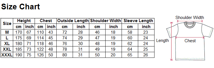 Kung Fu Clothing Uniform Size Chart